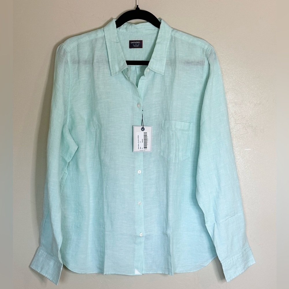 NWT Untuckit Blush Green 100% Linen button down Shirt Women’s Sz 16